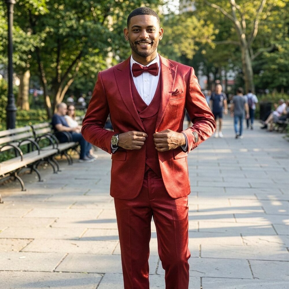 New 2026 Mens 3pc Solid Shiny Satin Burgundy Suit Set, Skinny Fit